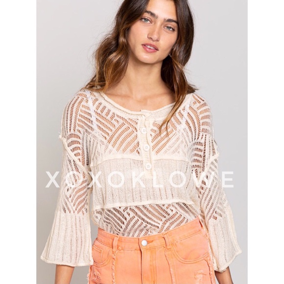 POL Open Weave Loose Knit Half Button Top - Picture 3 of 11